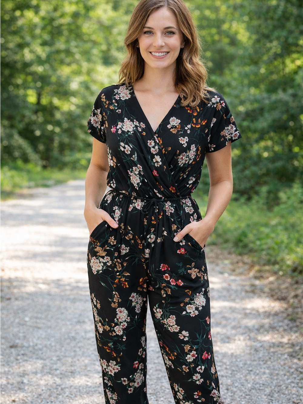 Kaileigh Black Floral Wrap Jumpsuit